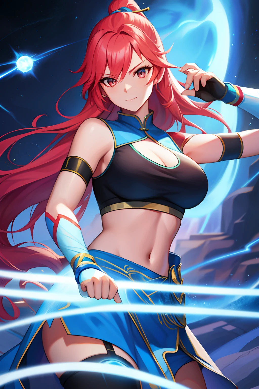 LightningMagicAI,fireMagicAI,iceMagicAI, convergence of elements (fire:1.2), (ice:1.2), (lightning:1.2),wuxia,female,robort cyborg mech fighter,wmma, wearing sports bra fingerless gloves, martial arts,fcPortrait