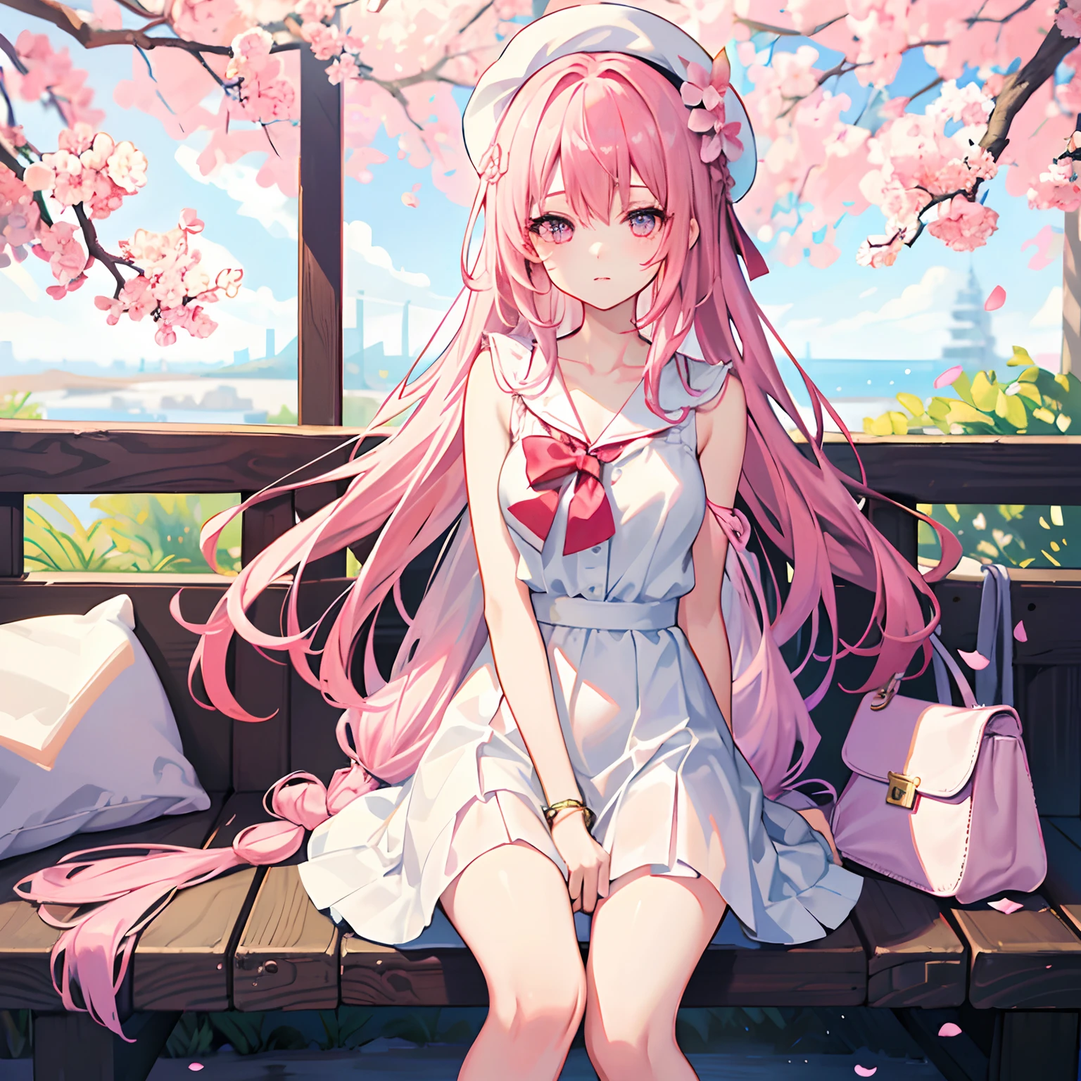 ｛1girll，独奏｝Long cherry blossom pink hair，Floating long hair，Single braid，Tie-up hair on one side，Red bandage，Staggered bangs，White color blouse，Delicate purple eyes，Bright pupils，The collarbone is clearly visible，White fedora，Short white dress，（Tsundere expression），red bowtie，（White one-piece stockings），Bare shoulders，Pink bracelet，Colorful petals，the cherry trees，benches，（sportrait：1.2），Tilt your head and look，Asphalt pavement，Carrying a pink school bag，（facial closeups：1.2），（eye closeup：1.2），Sitting，（solofocus：1.2），（Best quality at best），（extremely detaile），（Unique），（Delicate background），（Masterpiece），（Ultra-high resolution），（Very detailed 8k wallpapers），cinmatic lighting，Volumetriclighting，light particules，Face Shadow，（Fine beautiful face and eyes），depth of fields，ssee-through，hdr，Ray traching，dynamic scene，