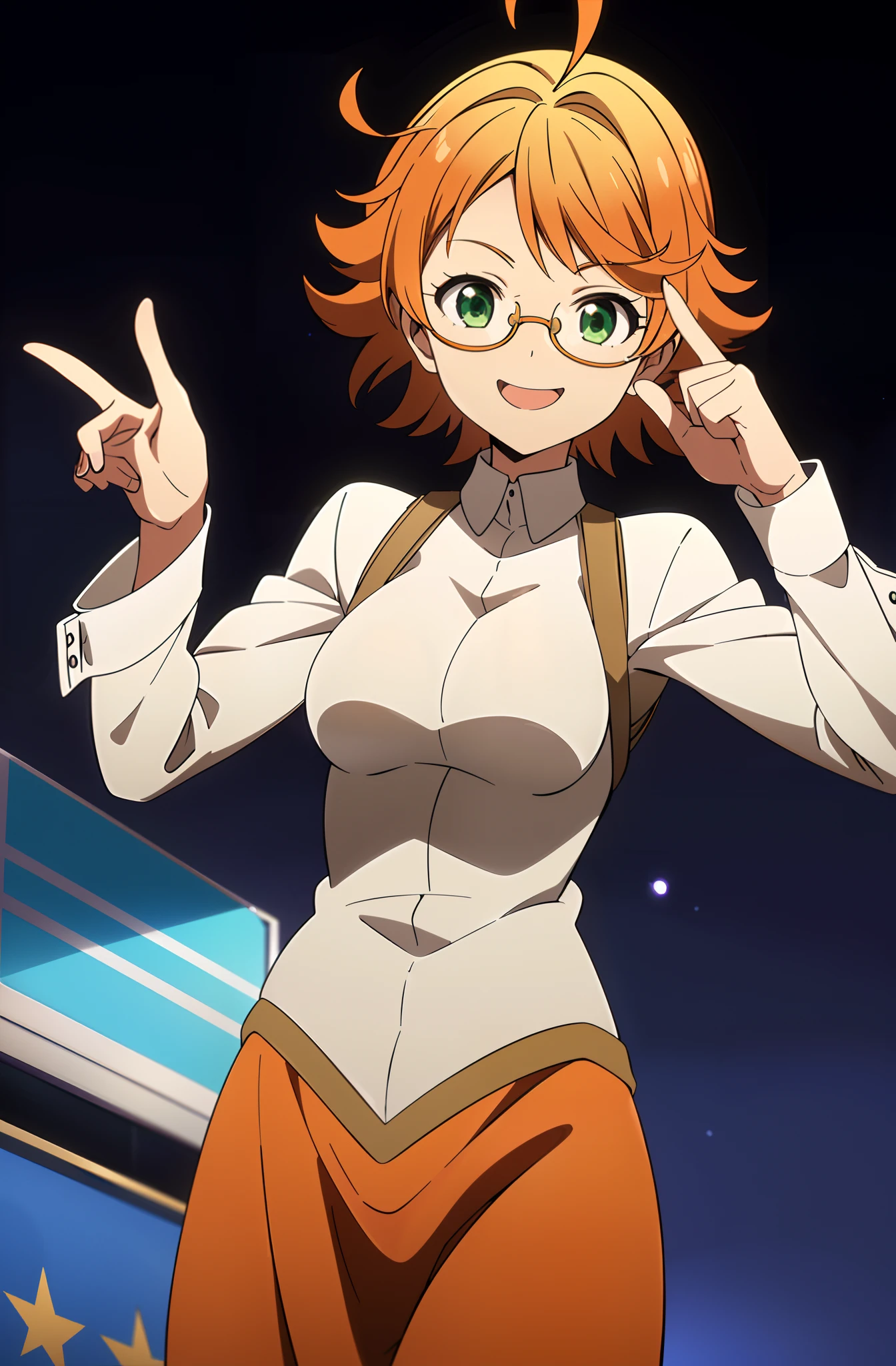 (1girl, solo), EmmaNeverland, orange hair, (green eyes:1.2), short hair, ahoge, magical girl, skirt, smile, action pose, ornate clothes, dress train, magic hair ornament, cowboy shot, tiara, orange clothes, BREAK magic background, starry background,  (masterpiece:1.2, best quality), glasses, ((rim-less eyewear)), Kyoto school uniform, short hair, (((mature female))), tall, beautiful, sexy, medium breast, milf