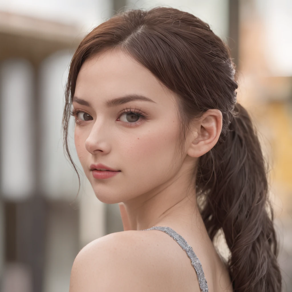 A 20 year old girl with ponytail hair, big dark gray eyes, and a perfect ovale face, rendered in a photorealistic style with sharp edges and a vibrant atmosphere, standing in a convenience store with a top tank shirt