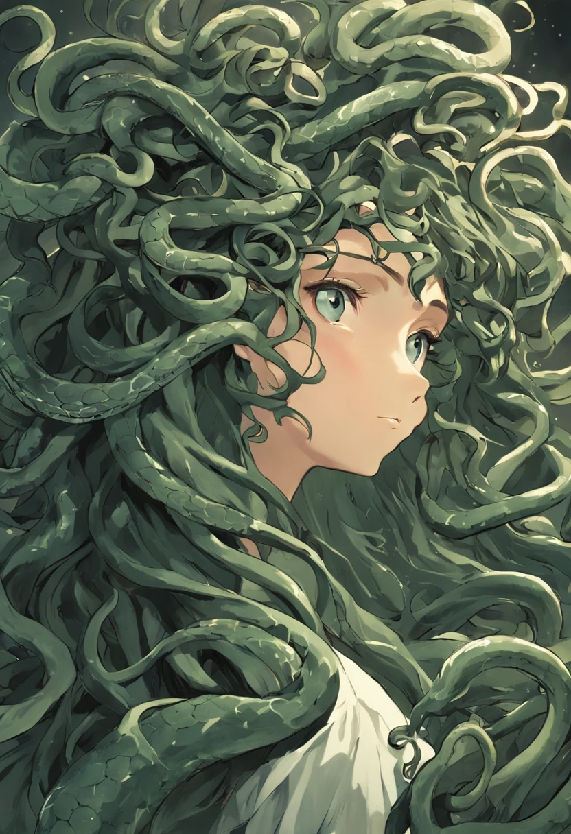 1 woman, Medusa, Fierce, Snakes as hair, Young Lady as Medusa, portrait of medusa, Wax figure of Medusa, Portrait of young Medusa, dark portrait of medusa, Medusa, Hair made of snakes, very sad medusa, medusa head, medusa portrait painting, medusa made of soft wax, Snake in hair.