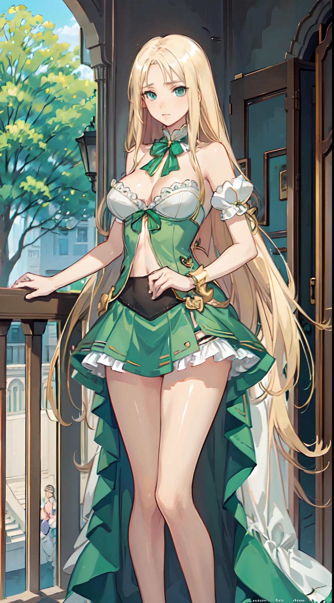 blonde hair, long hair, green eyes, green gown, short skirt, slim legs, navel, balcony, shacking, cleavage, bend over, blank eyes, thigh high socks