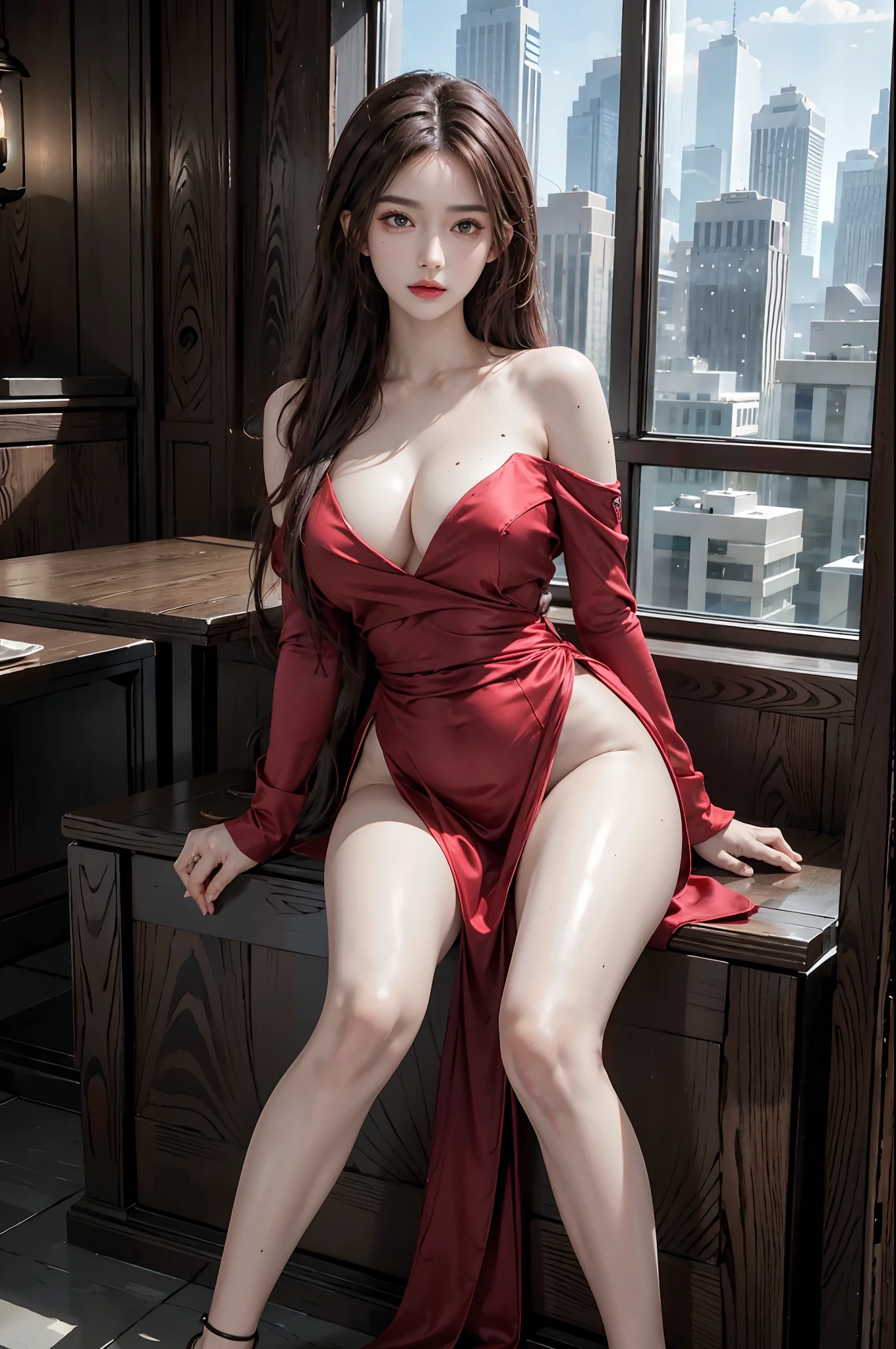(8k, RAW photo, best quality, masterpiece:1.2), ultra-detailed, perfect detail , looking at viewer, make up, seductive, shamefaced, (young:1.2),((20 year old)), beautiful face, beautiful eyes, (((perfect female body, narrow waist))), red hair, asian appearance, hourglass figure, green eyes, beautiful appearance, red silk dress, puffy lips, black heels, in the restaurant, wavy hair, light makeup, mole under the lip, tattoo on the shoulder