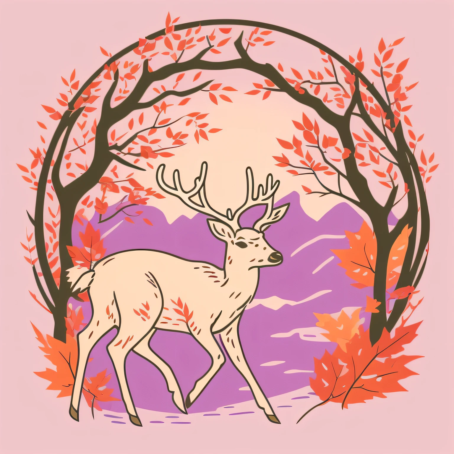 Japan Ezo deer logo、deer line art logo, A deer is running while eating autumn leaves、naturey、Sunnyday, Vector art，Full of life，４k, hightquality、outline、foco nítido、3 pastel colors、simple、T-shirt painting