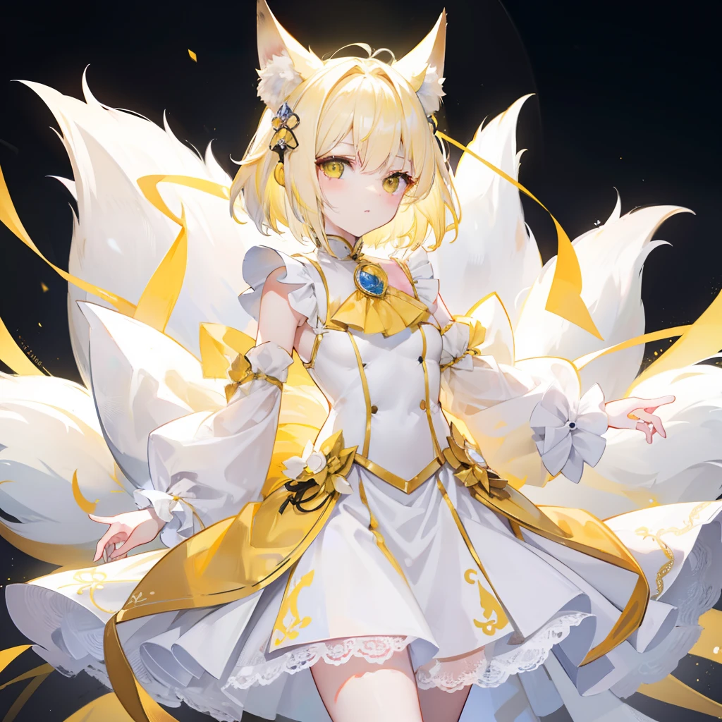 Short fluffy pale yellow hair，It has yellow fox ears，yellow eyes，Wear yellow and white，The one in white silk is a cute and cute girl