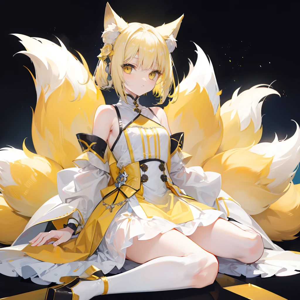 Short fluffy pale yellow hair,It has yellow fox ears,yellow eyes,Wear yellow and white,The one in white silk is a cute and cute girl