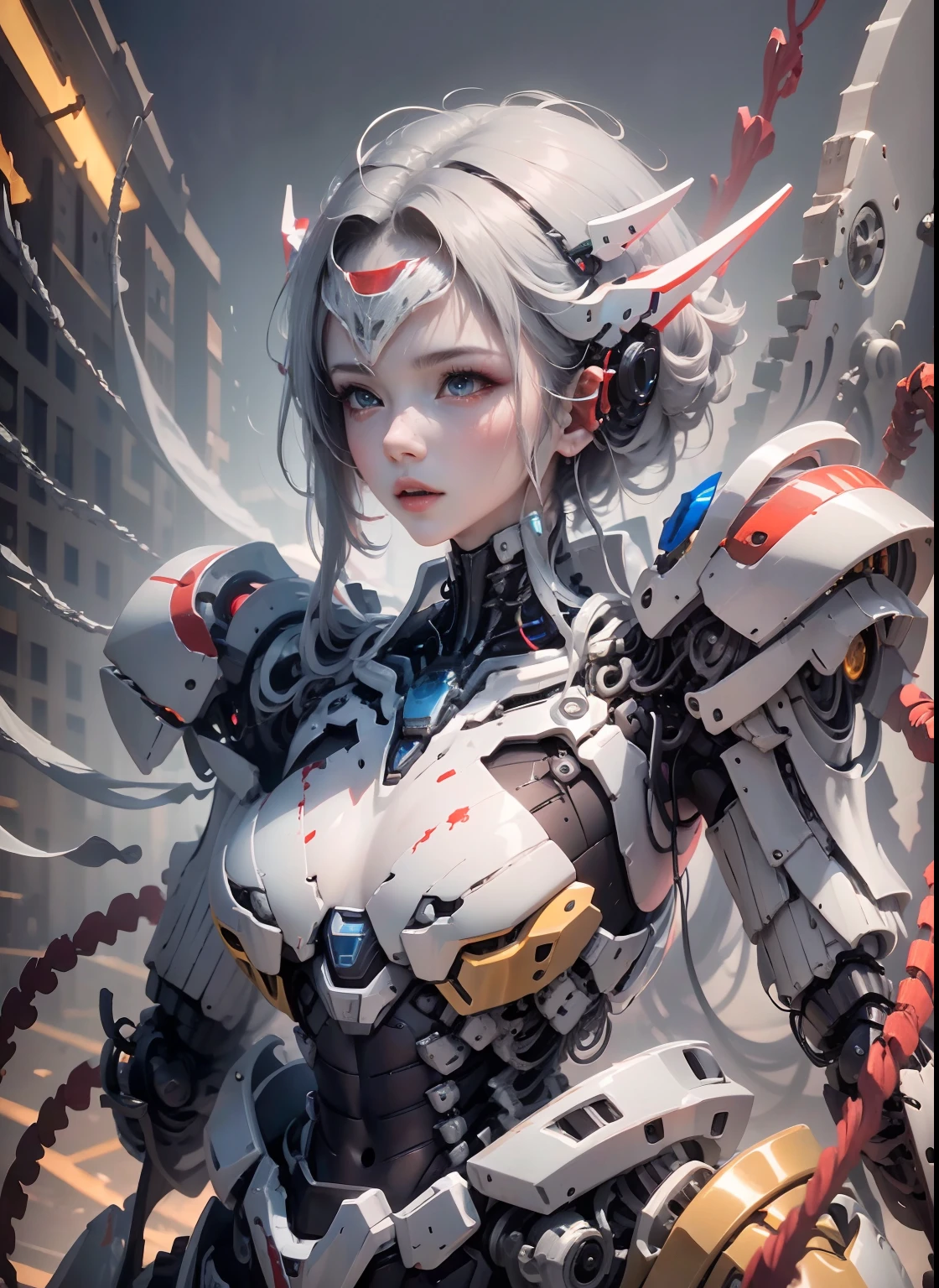 1 mechanical girl, batle alita angel | | |, ((super realistic details)), portrait, global illumination, shadows, octane rendering, 8k, super sharp, metal, complex, ornamental detailed, cool colors, egyptian details, highly complex details, realistic light, CGsociety trends, bright eyes, facing camera, Neon details, mechanical limbs, blood vessels attached to tubes, mechanical vertebrae attached to the back, mechanical cervical vertebrae attached to the neck, Full body, purple wires and cables attached to the head, (heel socks), (red blood), (golden yellow armor, silver white), (transparent bone), provocative sexy posture, bikini white, red