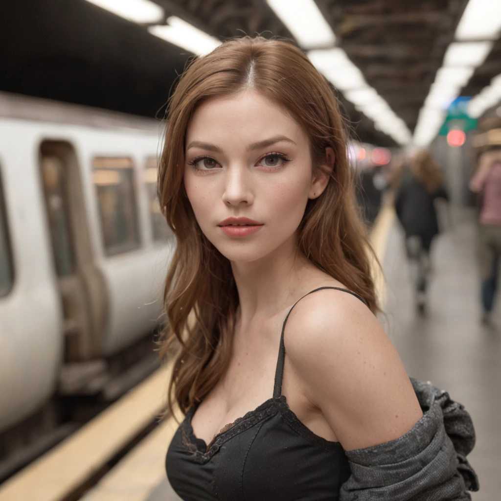 ((realistic skin texture, full body)), alluring swedish woman using lipstick, tank top casual outfit, ((ginger tied up mid hair)), subway platform and train blurred passing by, neon light details, cute pose looking away, huge hooters, ((best quality, best quality, realistic photography)), ((masterpiece)),(full head on frame))