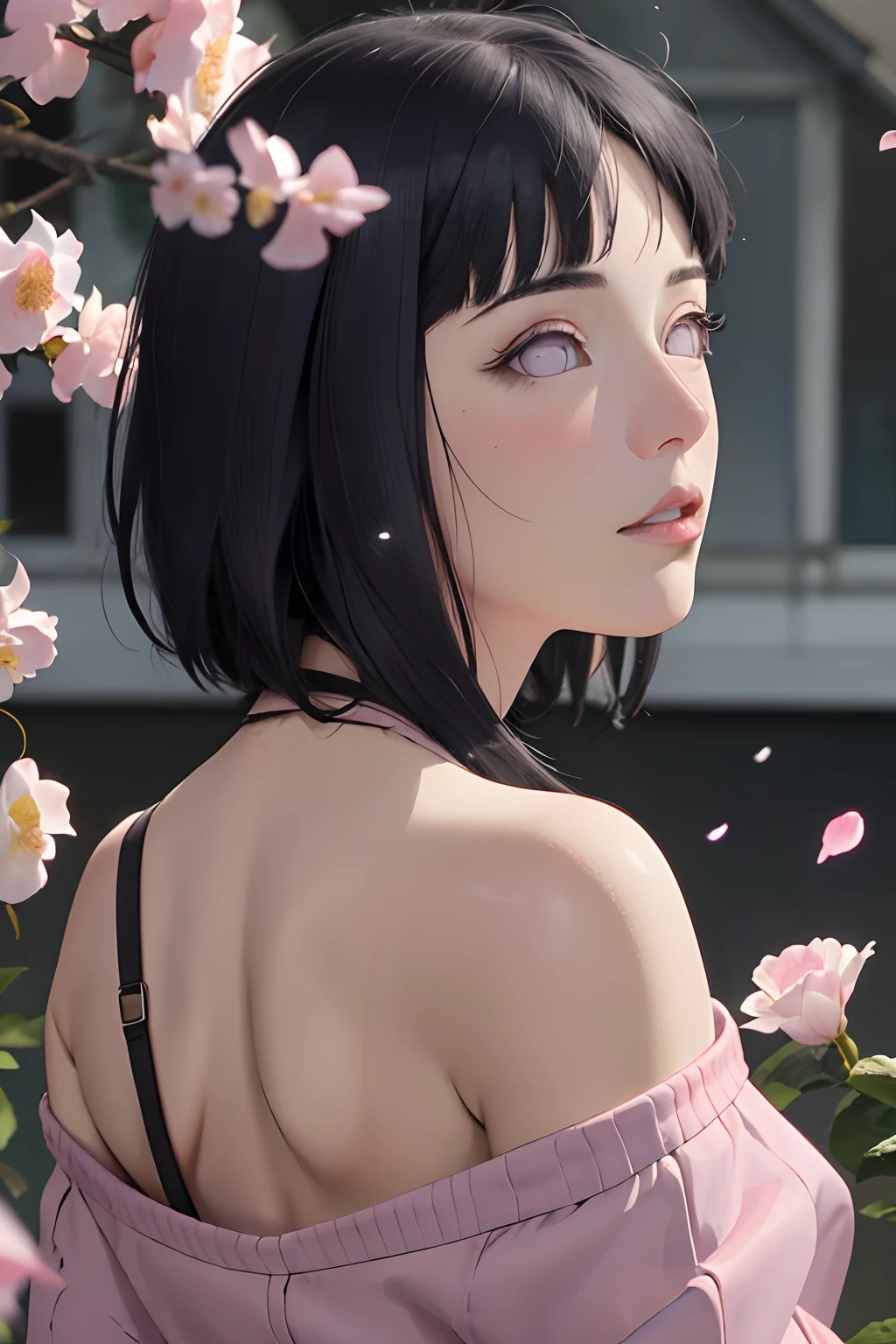 masterpiece, absurdres, hinata\(boruto\), 1girl, solo,mature female,knit off shoulder, looking at viewer, (falling petals), perfect composition, detailed lips, beautiful face, body propotion, blush, (pink lips), long hair,  purple eyes,  soft gaze,  super realistic, detailed, photoshoot, realistic face and body, back view