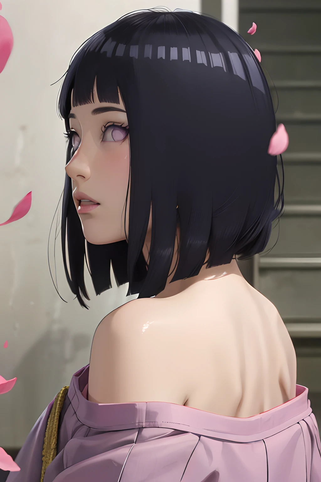 masterpiece, absurdres, hinata\(boruto\), 1girl, solo,mature female,knit off shoulder, looking at viewer, (falling petals), perfect composition, detailed lips, beautiful face, body propotion, blush, (pink lips), long hair,  purple eyes,  soft gaze,  super realistic, detailed, photoshoot, realistic face and body, back view