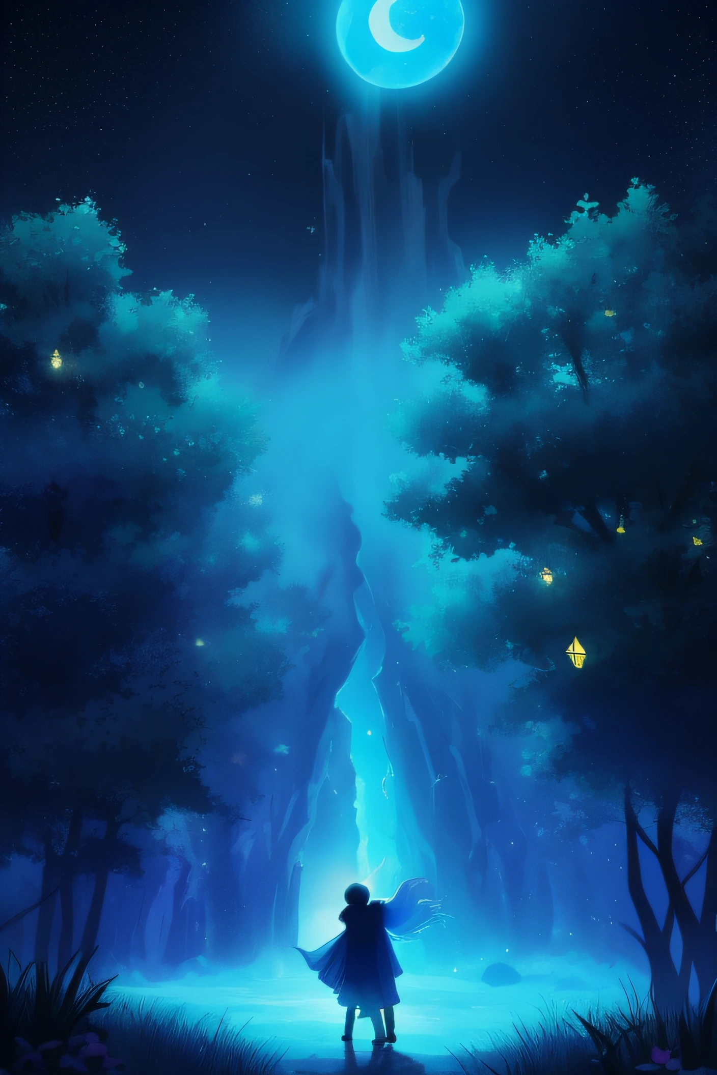 "Crie uma imagem com uma atmosfera encantadora e infantil, inspired by the book 'Greg and the Magic Night'. Nessa imagem, inclua os personagens Lucas e Greg, both exploring a night scene full of wonders. Add a starry sky with smiling stars and a friendly watching moon. Ademais, Insert a translucent spirit with a friendly and bright appearance, as a magical guide on the night journey. Use soft, vibrant colors to create a cheerful and magical environment that resonates with children's audiences. Let your creativity flow and capture the sense of adventure and mystery that the book conveys."