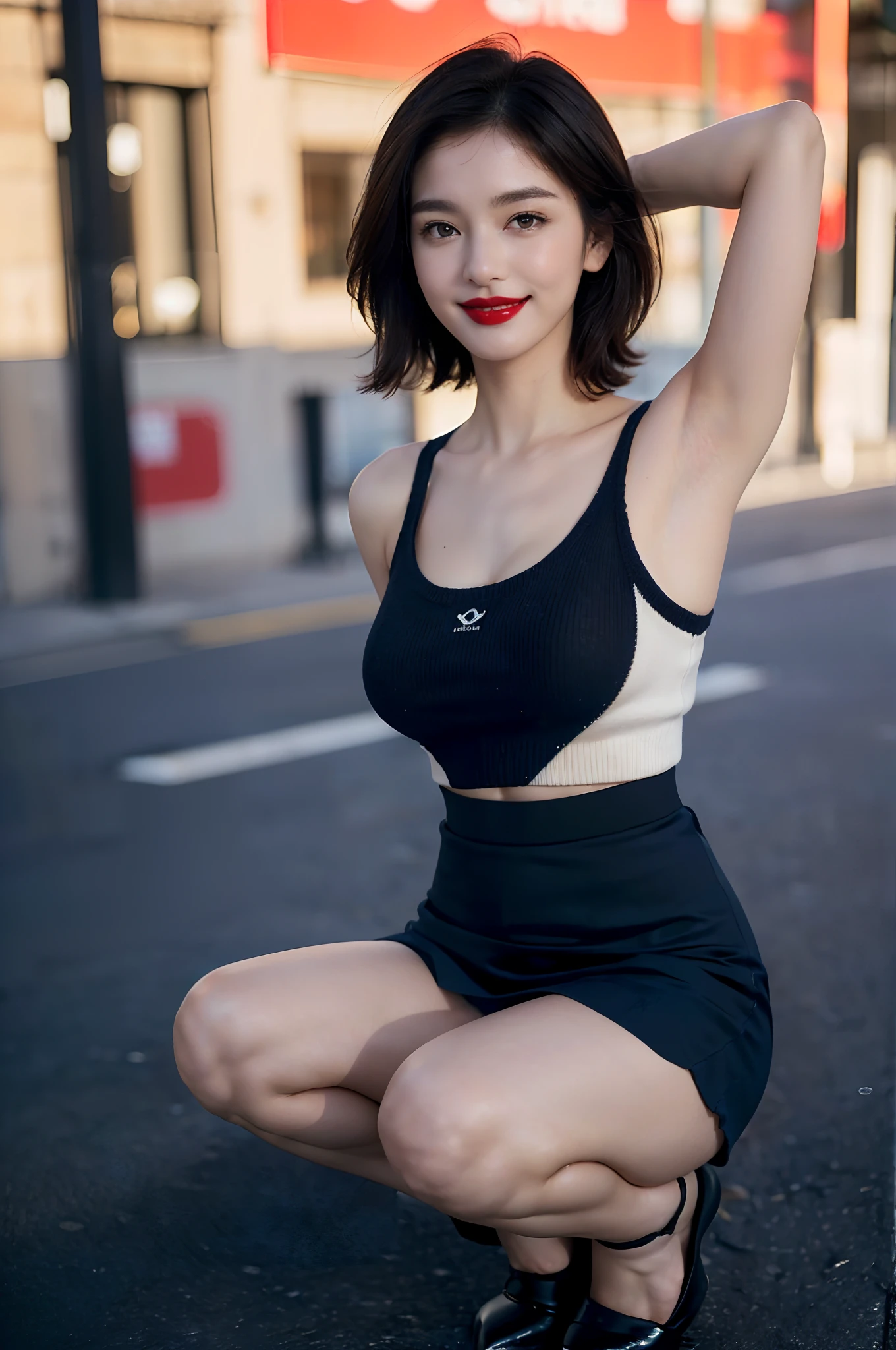 ((Turn your body to the front、Show underarms、Squatting!、How a baseball player sits a catcher、opens legs!、Legs open!、red lipsticks、A smile、Ultra-realistic armpits、、Armpit、Detailed armpit wrinkles、Detailed armpit pores、Realistic armpit skin、Black armpit skin、Black armpits、Armpit poses、No panties!Super mini skirt with slit、Skirt length is a short skirt above the crotch、gazing at viewer、smil、micromini skirt、Very short skirt、No panties、With no pan、Super mini skirt with slit、In a super mini skirt with a slit at the top of the skirt、witheout panties、Super mini skirt with slit at the top of the skirt、Standing on the street、In the street、in a street)), (illustratio), (hight resolution), (8K), (ighly detailed), (The best illustrations), (armpit pose、beatiful detailed eyes), (top-quality), (ultra-detailliert), (masterpiece), (wall-paper), (详细的脸), (A smile、((40 years,red lipsticks,femele,Show realistic armpits))、Brown hair,short-hair,((Show underarms、Navy blue sleeveless short sweater and very short skirt with slit at the top of the skirt、No panties、No Panties Women)), japanes,