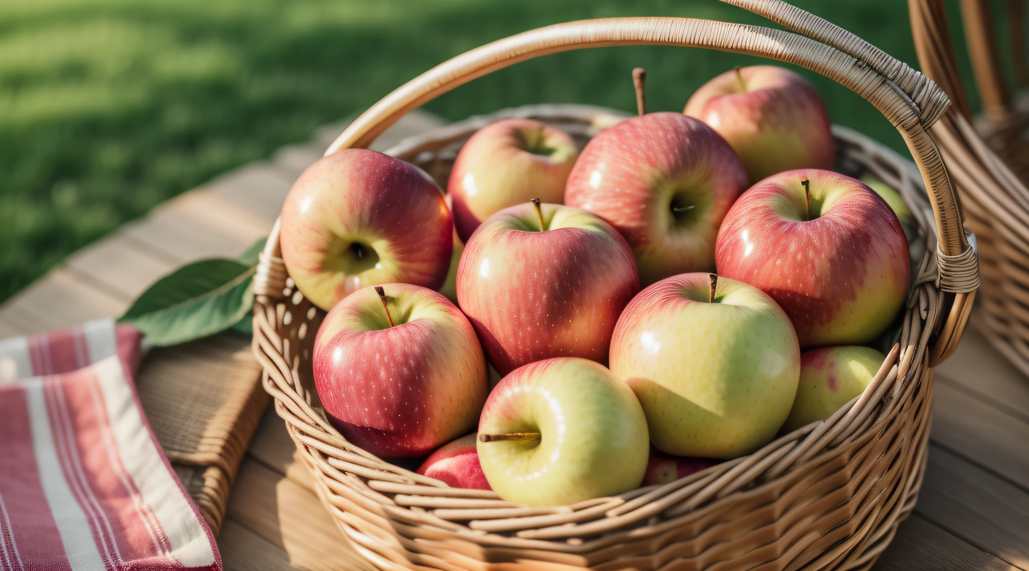 top-quality、realisitic、realisitic、ighly detailed、extremely delicate and beautiful、RAW Photography、depth of fields、Single focal length、up、apples、colourfull、fruit、Cinematic angles、Photorealsitic、natural soft light、Hyper-detailing、Background blur、Placed in a basket、