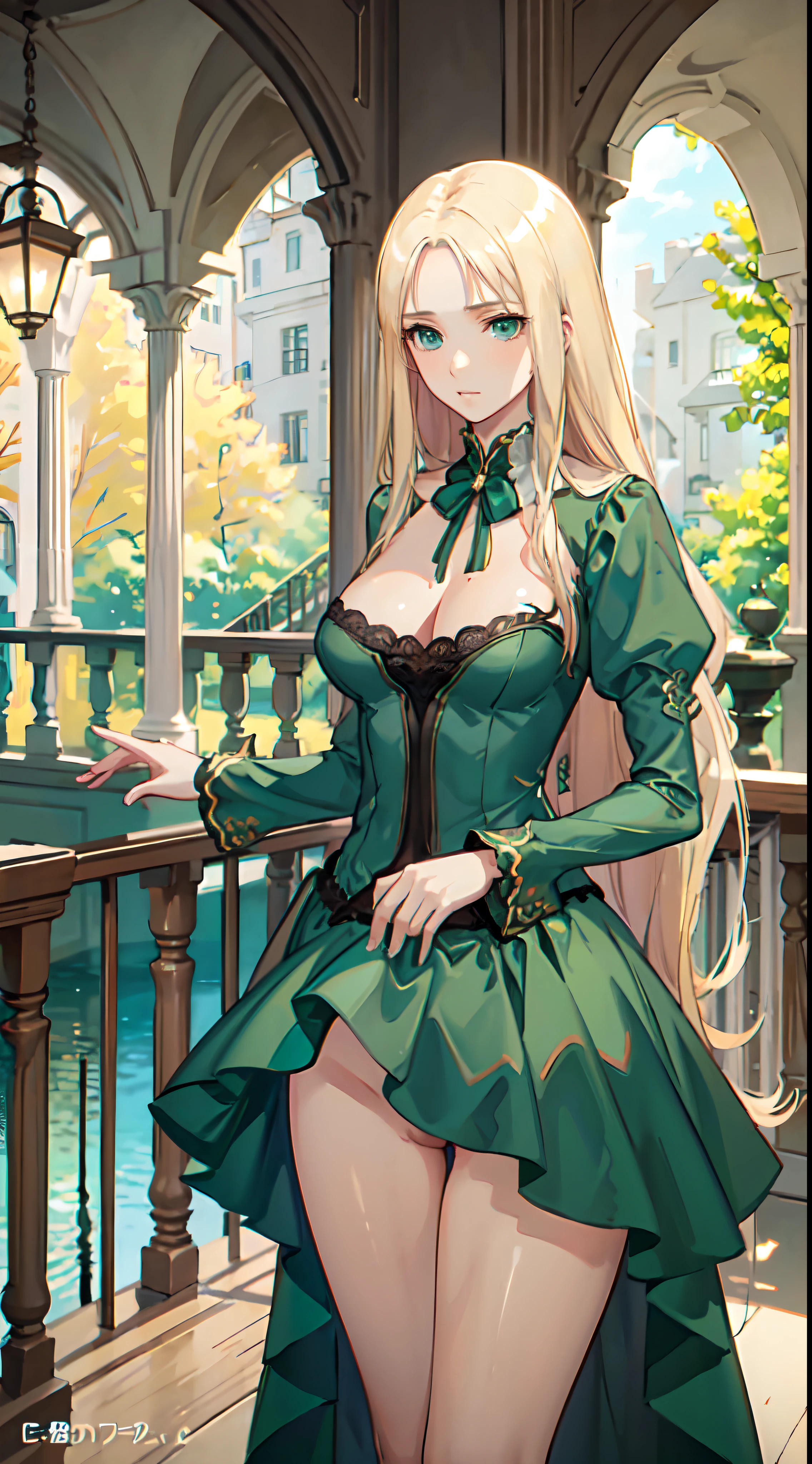 blonde hair, long hair, green eyes, green gown, short skirt, slim legs, navel, balcony, shacking, cleavage, bend over, blank eyes, thigh high socks