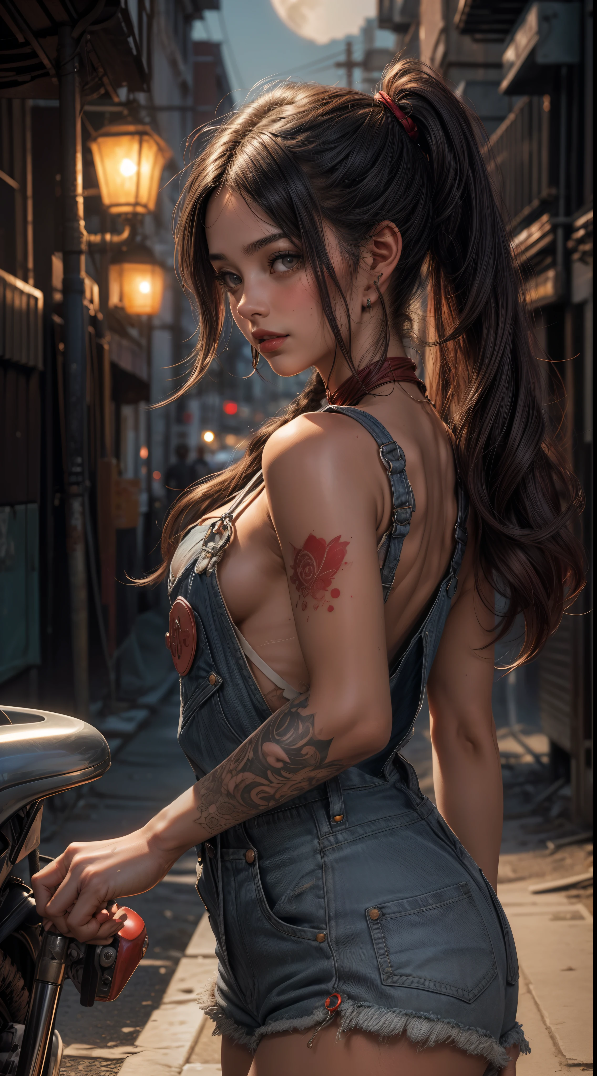uma jovem morena de 18 anos sorrindo, (wearing red overalls torn and dirty) cabelo curto cacheado, tatuagens no corpo e no rosto , olhos grandes azuis, (Neon city background at night),Fleshy lips of the mouth with red lipstick, with the medallion on the neck,brinco, penetrante , seios grandes, sweaty skin with imperfections,Tatuada no rosto, ,(Pigtails de cabelo com gravatas)detalhes intricados ( 8k