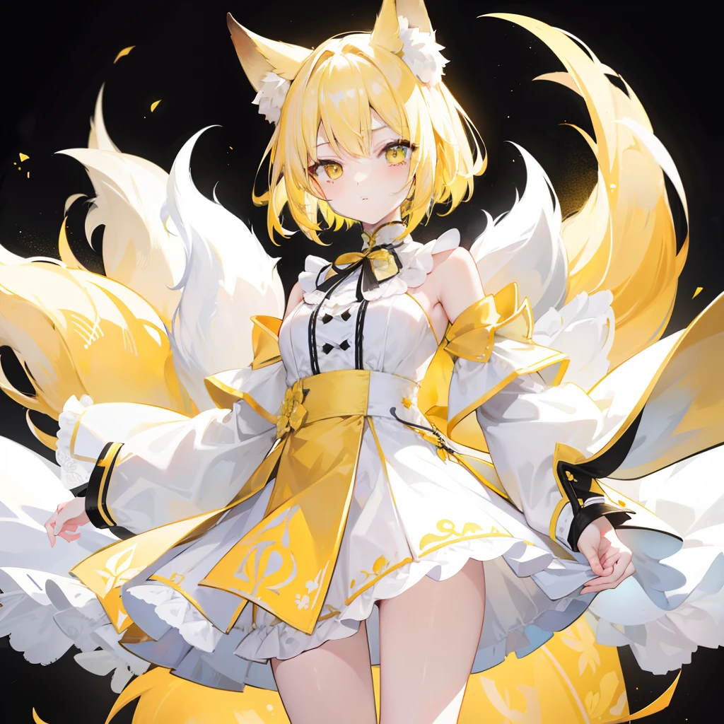 Short fluffy pale yellow hair，It has yellow fox ears，yellow eyes，Wear yellow and white，The one in white silk is a cute and cute girl