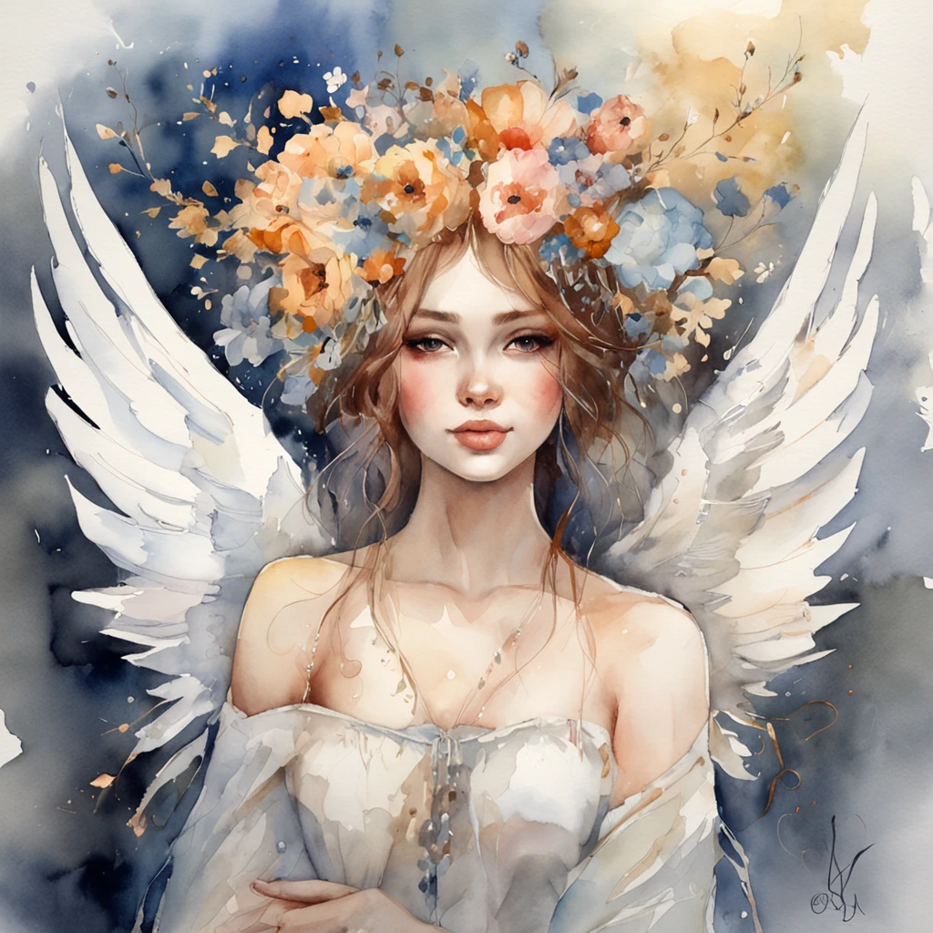 Watercolor watercolor painting of beautiful angel in a dress, byeytan zana, naturel, hyper detailed, digital art, trending in artstation, cinematic lighting, studio quality, smooth render, fluorescent skin, unreal engine 5 rendered, octane rendered, art style by klimt and nixeu and ian sprigger and wlop and krenz Beksinski painting, trending on artstation, sharp focus, illustration, style of Stanley Artgerm, perfect smile vogue, awards, model,