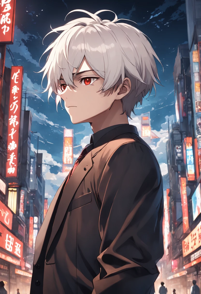 Young male,with short white hair,Two strands of brown hair hang at the sides,red color eyes,Black swallowtail suit,Indifferent atmosphere,Two-dimensional style,2D rendering,Hyper-realistic photo,4K