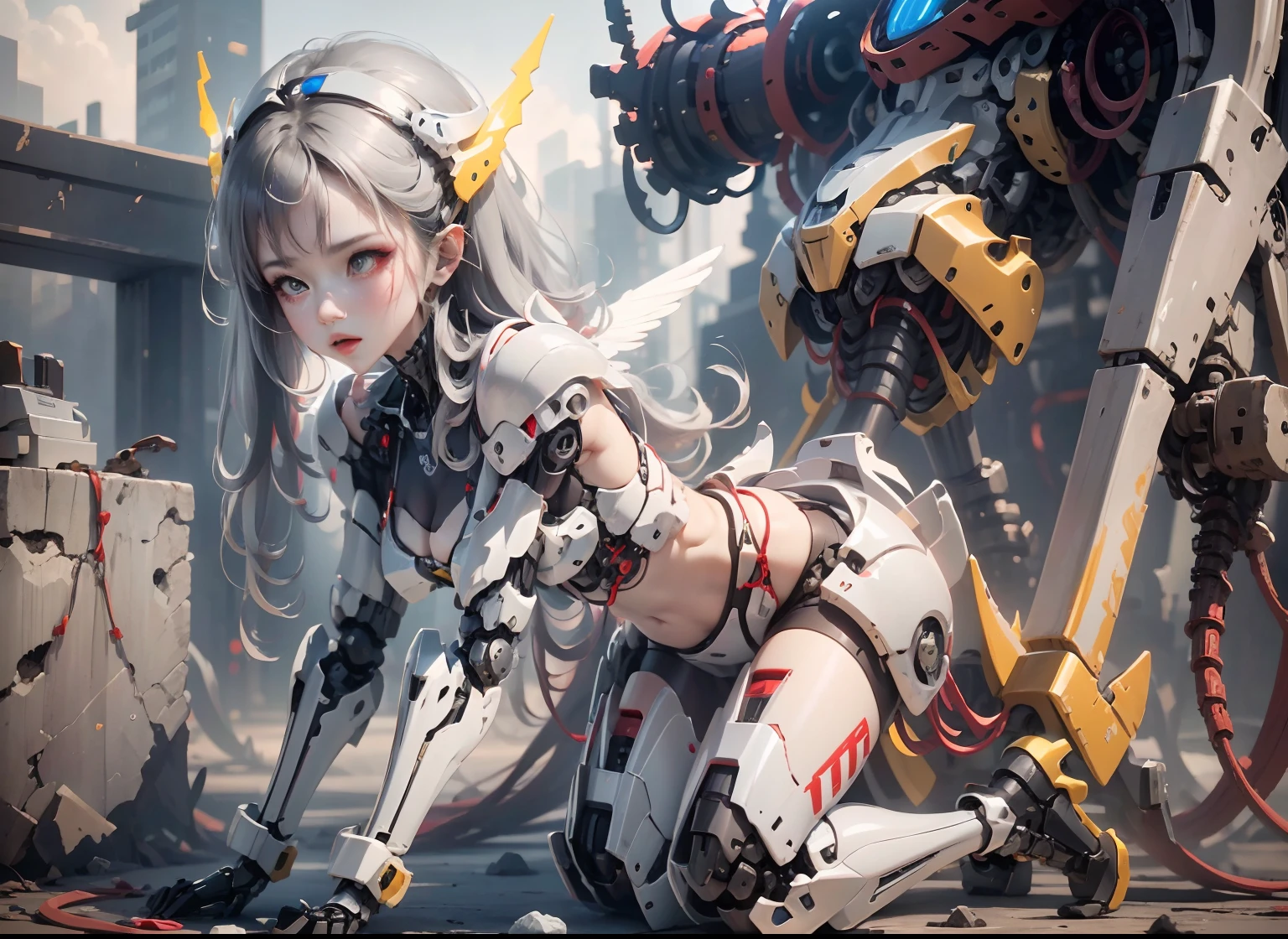 1 mechanical girl, batle alita angel | | |, ((super realistic details)), portrait, global illumination, shadows, octane rendering, 8k, super sharp, metal, complex, ornamental detailed, cool colors, egyptian details, highly complex details, realistic light, CGsociety trends, bright eyes, facing camera, Neon details, mechanical limbs, blood vessels attached to tubes, mechanical vertebrae attached to the back, mechanical cervical vertebrae attached to the neck, Full body, purple wires and cables attached to the head, (heel socks), (red blood), (golden yellow armor, silver white), (transparent bone), provocative sexy posture, bikini white, red