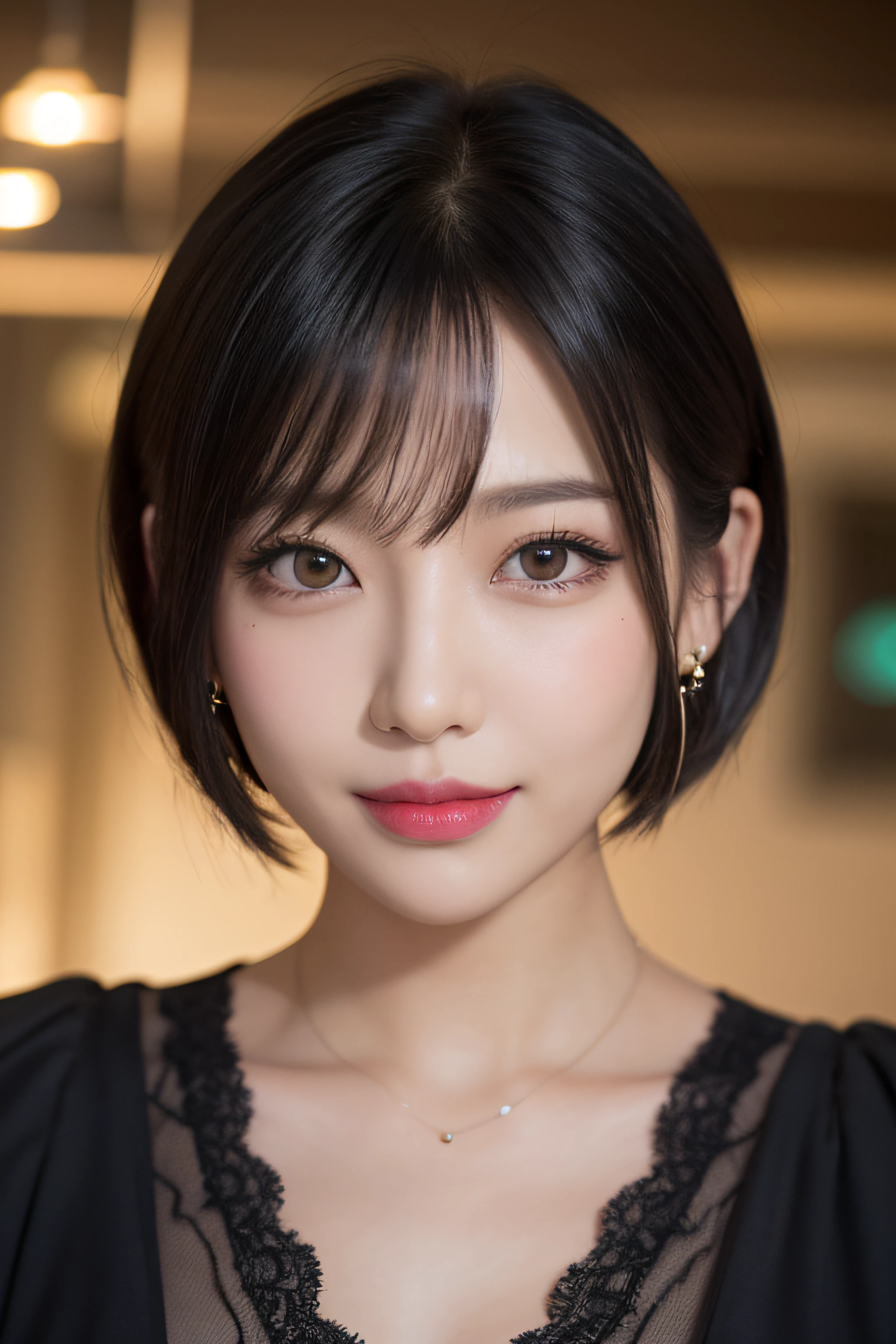 black hair, hair bobbles, longeyelashes, solid circle eyes, light smile, mole under eye, heart earrings, light smile, shy, puckered lips, Surrealism, drop shadow, stereogram, pov, atmospheric perspective, depth of field, first-person view, f/1.8, 8k, super detail, ccurate, best quality, highres, best quality,full body,short cut hair,bikini