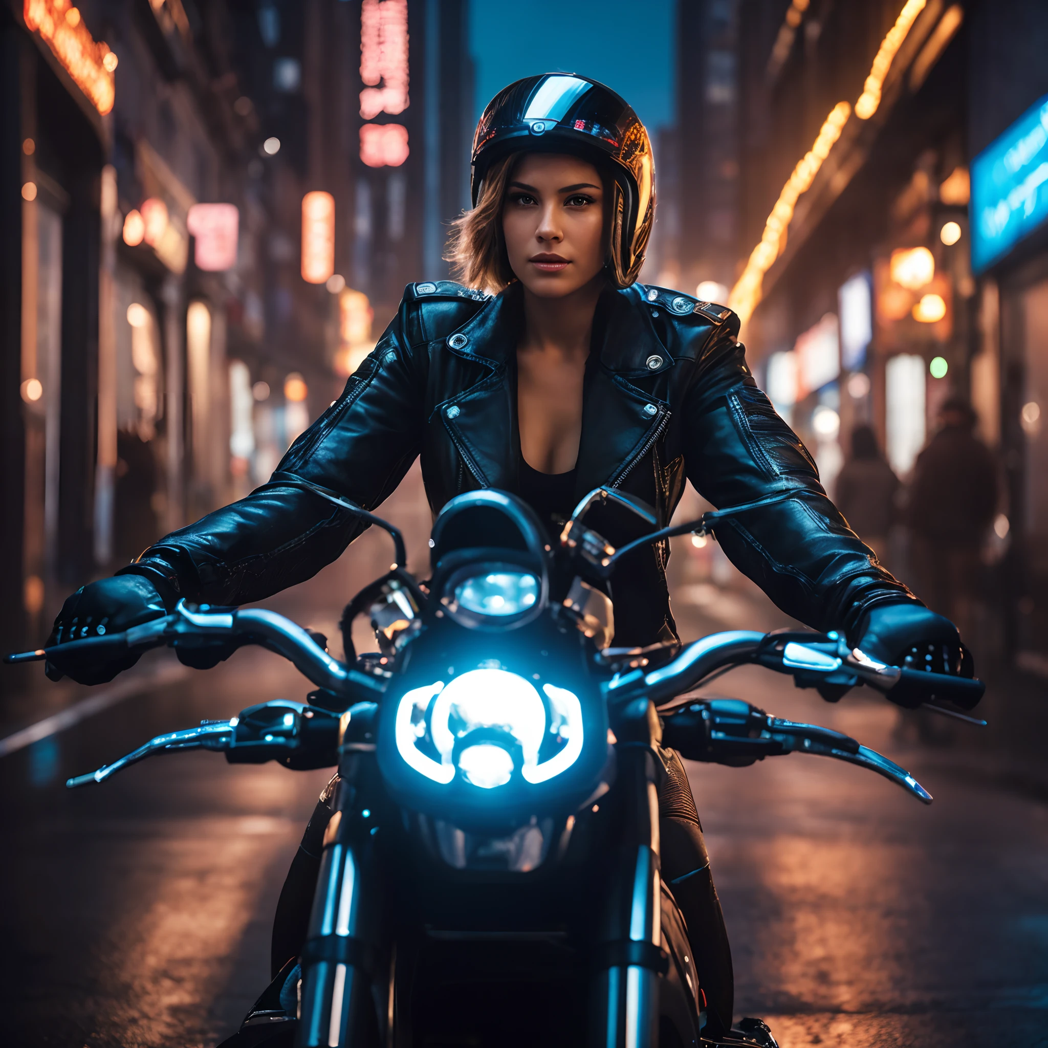 Hyper-realistic scene: woman on sleek motorcycle, no helmet, futuristic setting, urban cyberpunk vibe, intricate mechanical details, reflective surfaces, visor reflects city lights, close-up shot, powerful stare, dark alley background, steam rising, dramatic shadows, backlit by neon signs, dynamic angle, soft light, intense color contrast, 50mm lens, shallow depth, HDR enhancement, 4k resolution.