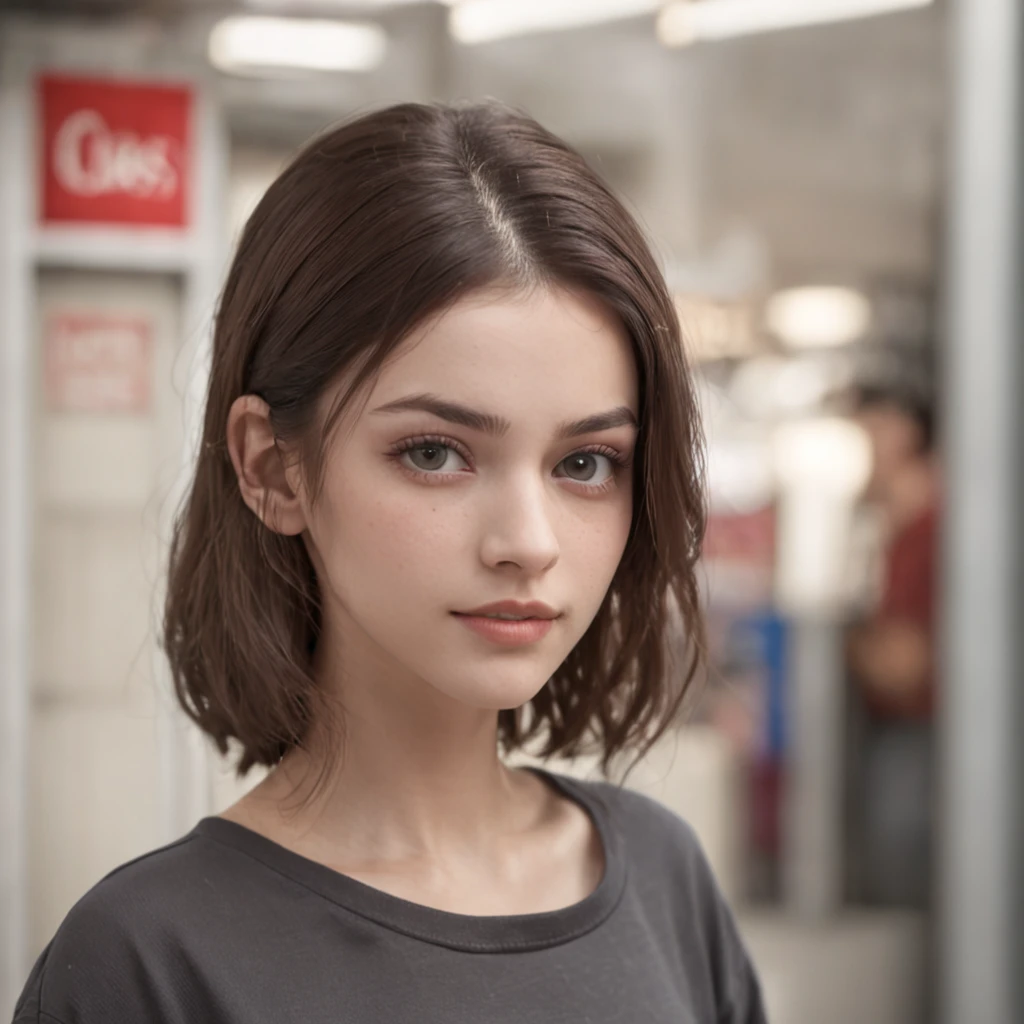 A 20 year old italian girl with tied up hair, big dark gray eyes, and a perfect ovale face, rendered in a photorealistic style with sharp edges and a vibrant atmosphere, standing inside a convenience store with a top tank shirt, front view, cute posing, big lips,