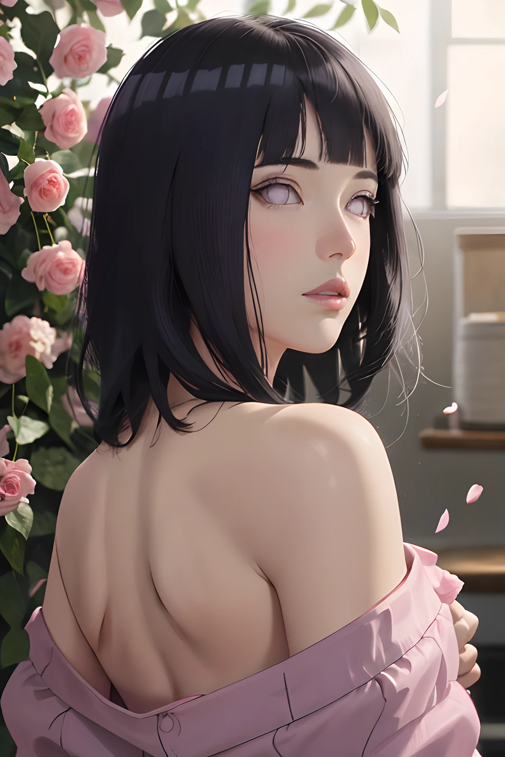 masterpiece, absurdres, hinata\(boruto\), 1girl, solo,mature female,knit off shoulder, looking at viewer, (falling petals), perfect composition, detailed lips, beautiful face, body propotion, blush, (pink lips), long hair,  purple eyes,  soft gaze,  super realistic, detailed, photoshoot, realistic face and body, back view