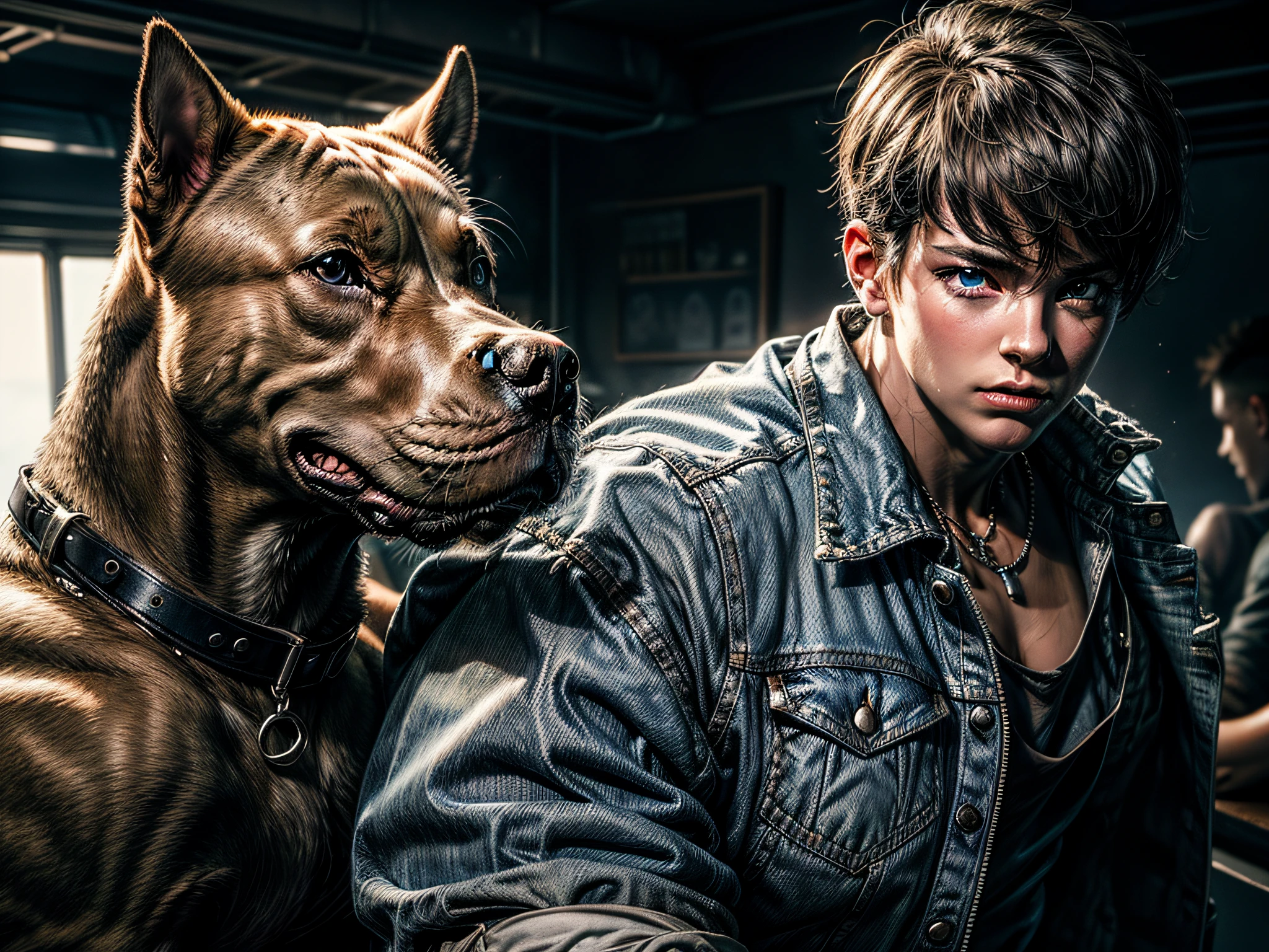an extremely strong, robust pit bull dog, blue eyes, wide and strong paws BREAK 1girl denim shorts, white shirt, leather jacket
(masterpiece: 1.5) (photorealistic: 1.1) (bokeh) (best quality) (detailed skin texture pores hair: 1.1) (intricate) (8k) (HDR) (wallpaper) (cinematic lighting) (sharp focus )