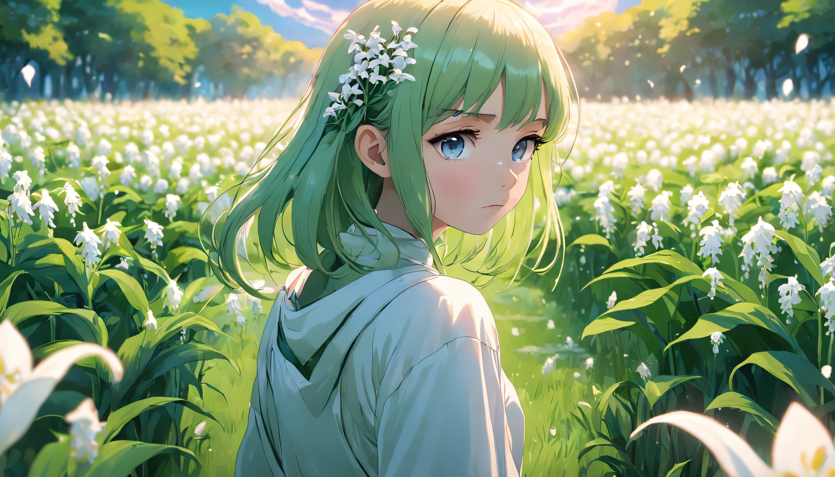 Beautiful portrait of a beautiful girl in Lily of the valley field, Full body, Science fiction,Accessories for shoes、 A detailed eye, Art Station, Sharp Focus, Photorealsitic, 35 mm, Ultra Detail, 4 k, radiant light