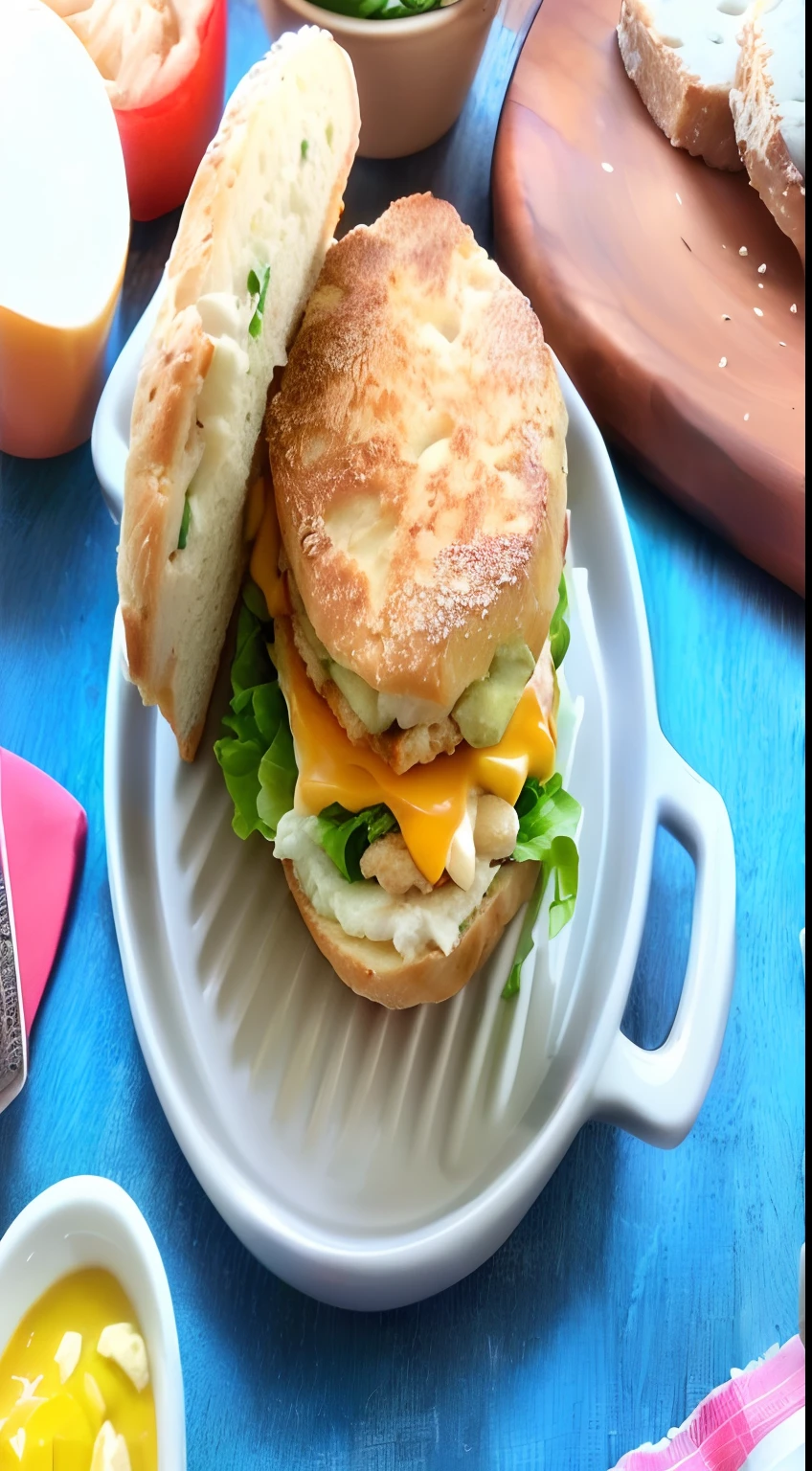 There is a sandwich with cheese and lettuce on a plate, chicken sandwich, burger on a plate, Delicious burger with sesame seeds, receita, effortless, a sandwich with fried tofu, delicioso, burger, sandwich with fried tofu, ❤🔥🍄🌪, voluptuous sesame seed bread, NCIS, recheado, imagem de perfil, pronto, closeup - view, circular