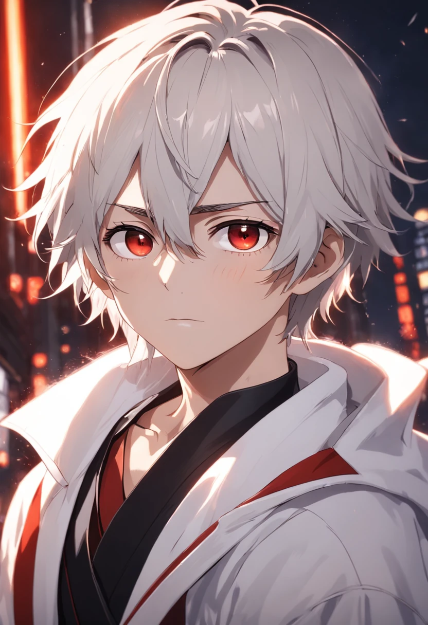Young male,with short white hair,Two strands of brown hair hang down at the sides,red color eyes,Black swallowtail set,Indifferent atmosphere,Two-dimensional style,2D rendering,Ultra-realistic full-body portrait,4K