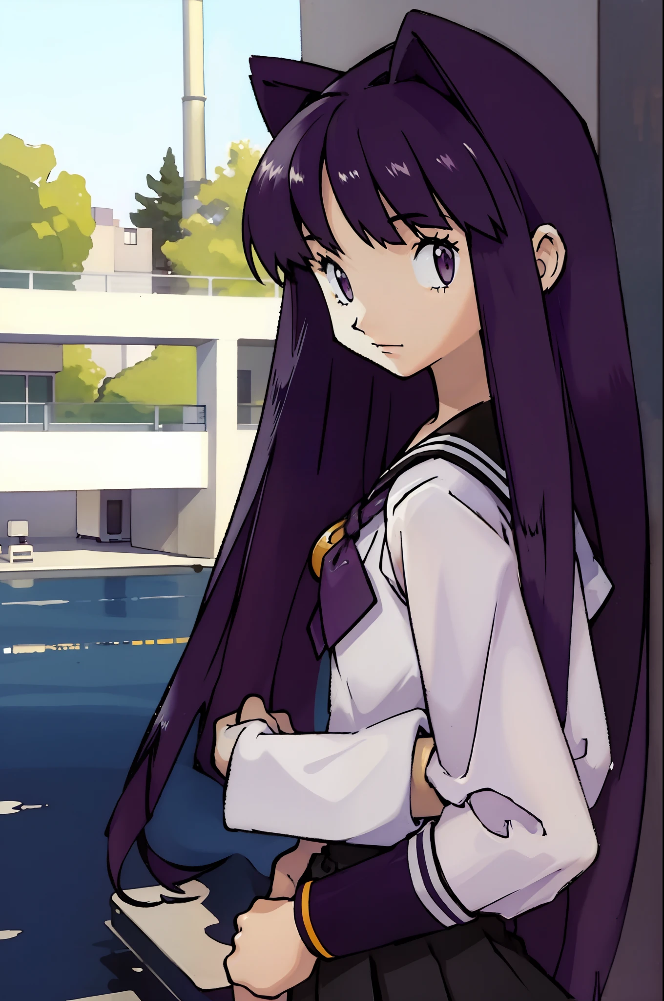 Girl, high school sailor uniform, purple hair, long hair,