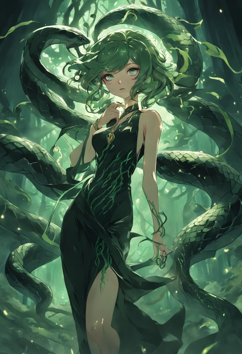 1 girl, Medusa, snake hair, green eyes, seductive expression, pale skin, slim figure, revealing black gown, (slit on the thigh:1.2), glimmering scales, serpentine movements, mysterious aura, mythical creature, dark background, moonlight, twisted vines, petrifying gaze, (floating snakes in the air:1.1), enchanted forest, Greek mythology, fantasy, mesmerizing, alluring, dangerous beauty, fierce, elegant, enchantress, bewitching, coiled serpents.