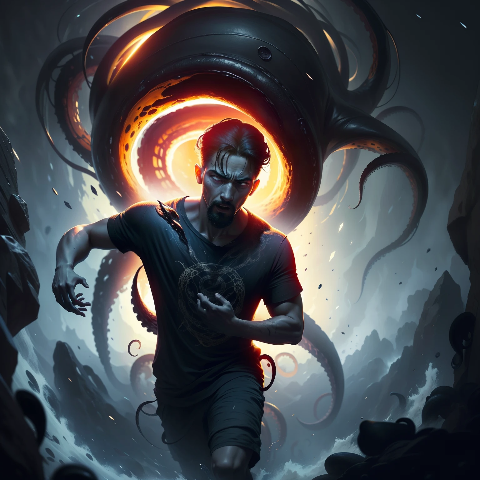 A painting shows a man struggling in the dark，Wriggle towards where there is God's light，Behind him is unknown in the darkness，Tentacles with mucus（Tentacles of destiny）Attack him，His expression was terrified。