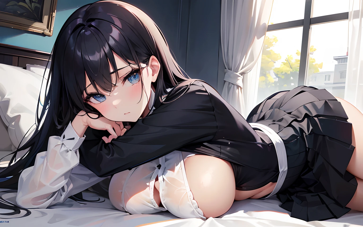 (absurderes、Absolute resolution、incredibly absurdness、hight resolution、ultra-detailliert:1.0、Official art)、master piece, Sharp Focus ,Delicate Beautiful Hair and Eyes and Face, Lifelike, Hyper-detailing, a matural female, Dynamic Hair, slender,pale skin, (Wearing a white long sleeve collard shirt and black pleated skirt),natural(Colossal tits:1.2), cleavage of the breast,((areola is sheer)), Beautiful cute woman,Wet in the rain,(delicate dark blue hair),(length hair),Delicate dark blue eyes, , , embarassed expression,(Lying face down on the bed), Lying face down, , Buttocks, thighs thighs thighs thighs, Sexy legs