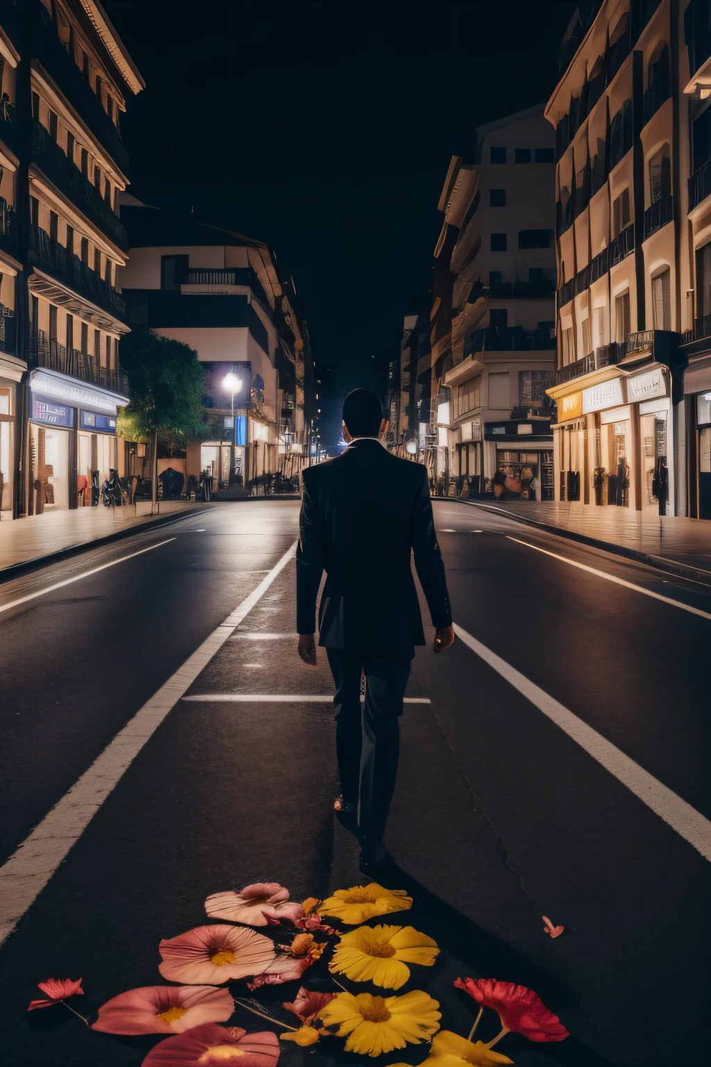 Imagine a man walking alone down the street at night and sees a butterfly on a flower petal – what would the interface for that look like, como seria a rua e os detalhes.