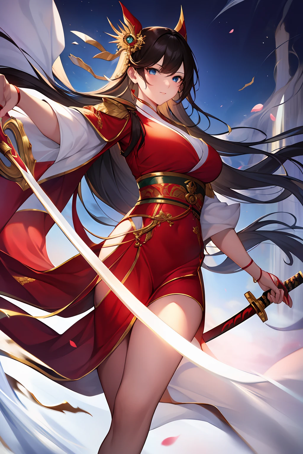 (masterpiece, best quality, high quality, highres, ultra-detailed),1girl, shuimobysim,full body, dynamic pose, shukezouma ,holding sword, red clothes, (masterpiece, best quality, high quality, highres, ultra-detailed),