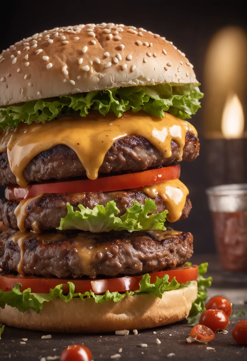 A burger falling in pieces juicy, tasty, hot, promotional photo, intricate details, hdr, cinematic, adobe lightroom, highly detailed