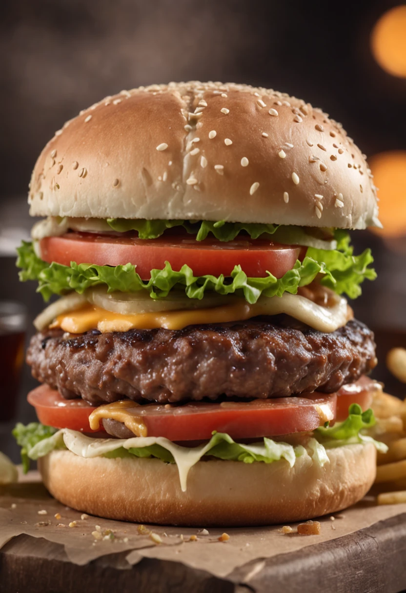 A burger falling in pieces juicy, tasty, hot, promotional photo, intricate details, hdr, cinematic, adobe lightroom, highly detailed