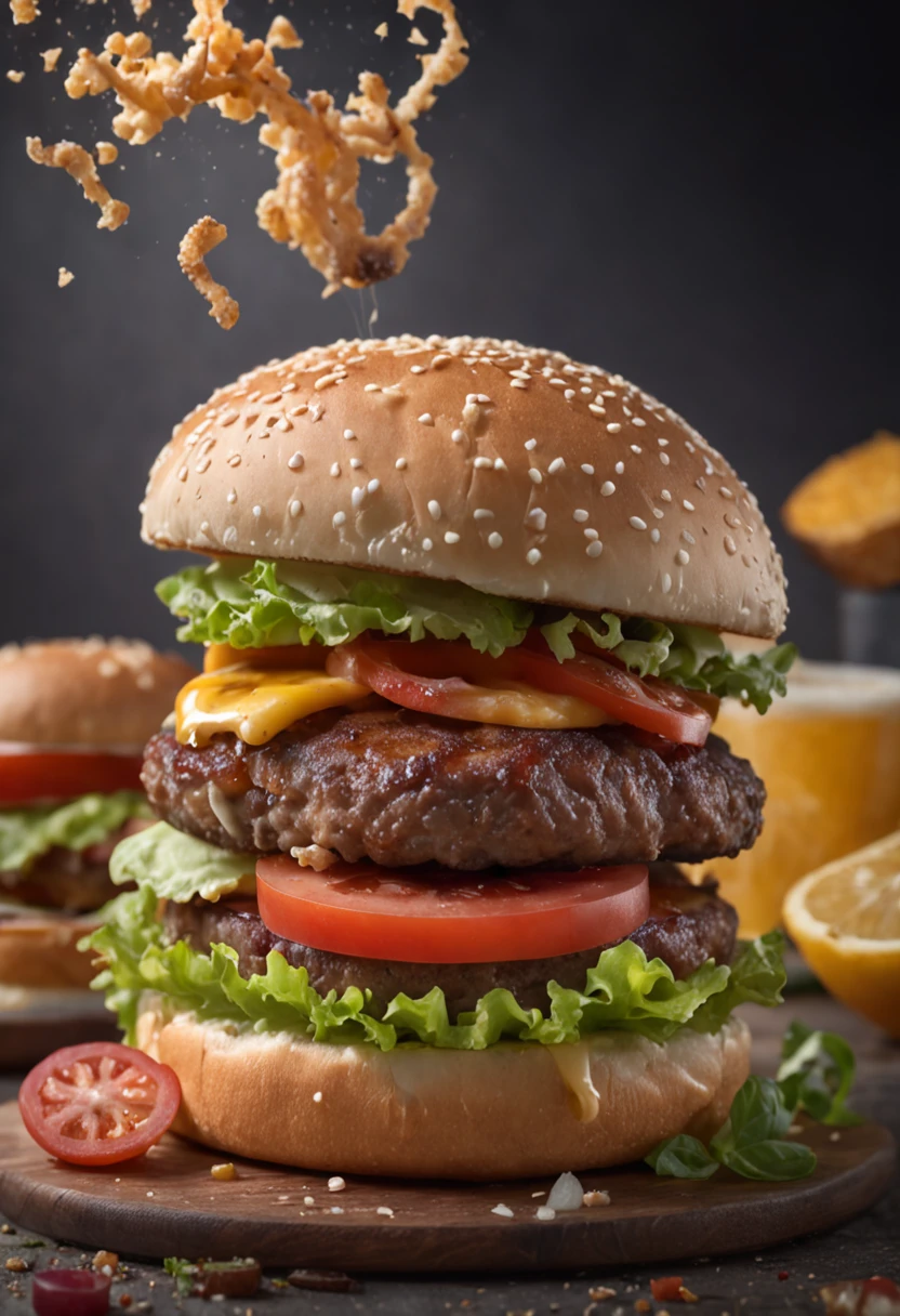 A burger falling in pieces juicy, tasty, hot, promotional photo, intricate details, hdr, cinematic, adobe lightroom, highly detailed
