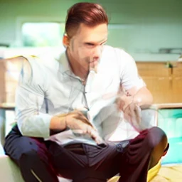 man in black shirt, gray shirt, brown pants