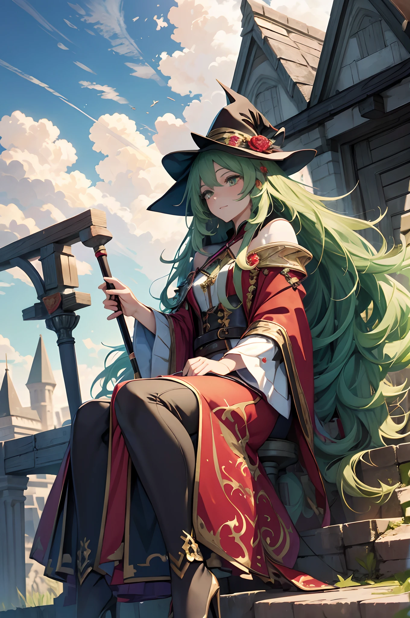 best qualityer,tmasterpiece,Ultimate resolution,downy,Extremely colorful,Colorful,Skysky,hilltop,(Red magic robe long dress),Long flowing green hair,The Witch,a matural female,(red high heel pumps),Sit on a magical broom,flight,Normal posture