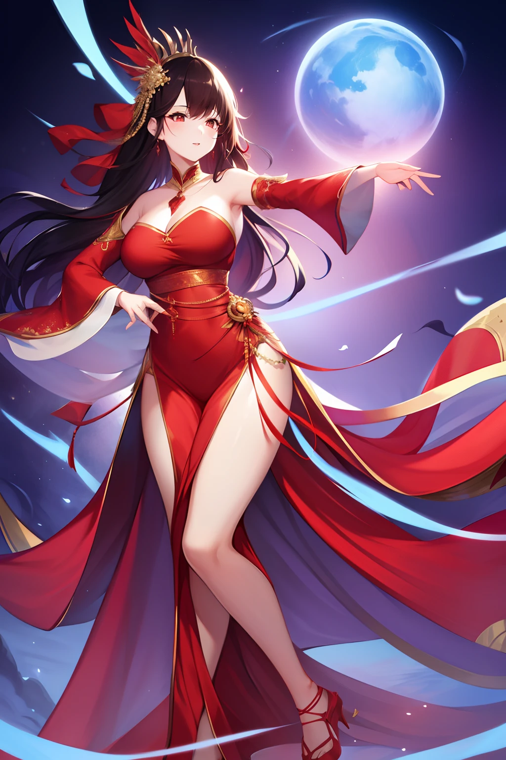 1girl, shuimobysim,full body, dynamic pose, shukezouma ,red clothes,dancing, exotic_dance, (masterpiece, best quality, high quality, highres, ultra-detailed),