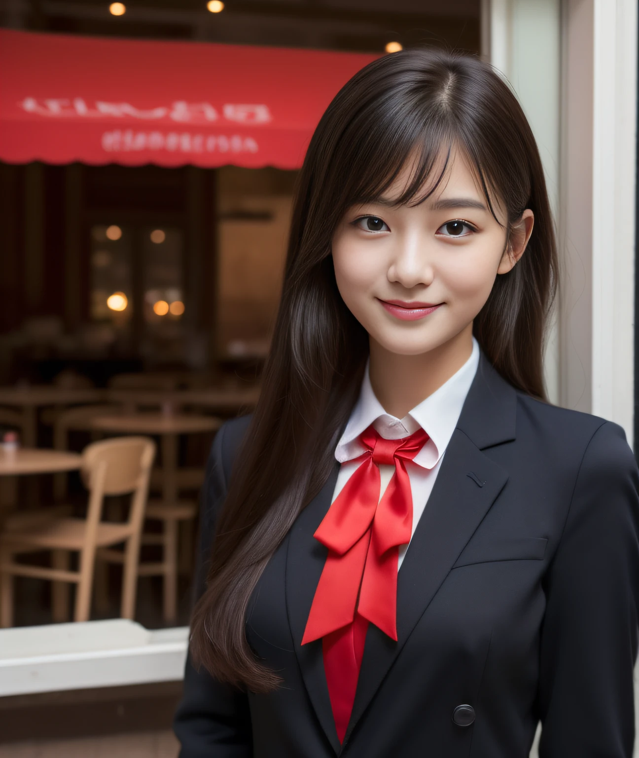 ((Best Quality, 8K, Masterpiece: 1.3)), a beauti, In addition, melon face, Friendly and cute, sweet smile, Pure desire, Slender body, (s whole body), (tilted head), ((looking at camera)), Medium Black Silky Straight Hair, Long flowing shoulders, round black big eyes, clear big eyes, moist red lips, Cafe shop background, ((full body shooting)), (Red Blazer, bows, Sock, High School Uniform: 1.2, ), a medium breast