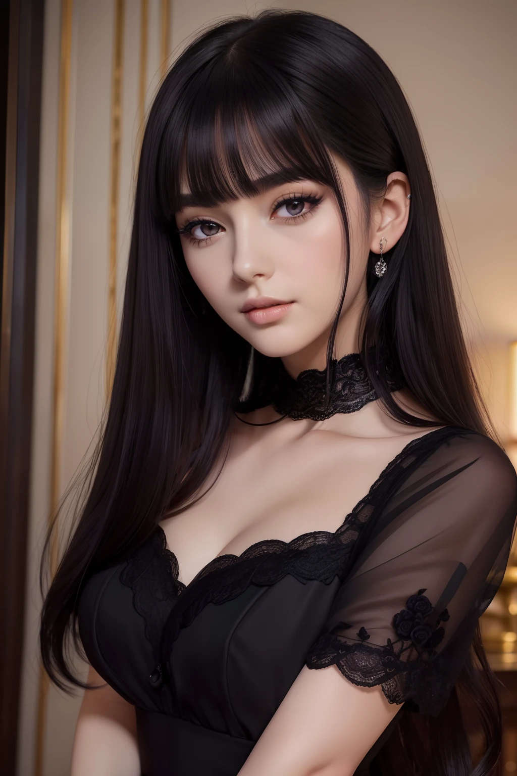 masterpiece, best quality, realistic, mature female, cute, 25 years old, closed mouth, portrait, extremely detailed face, warm, (dark purple eyes), ((Black long hair)), ((front bangs hair)), [thin eyebrows], dark palace, ((elegant dark black dress)), slight makeup, soft smile, ear blush, light blush, shorteyelashes, 4k