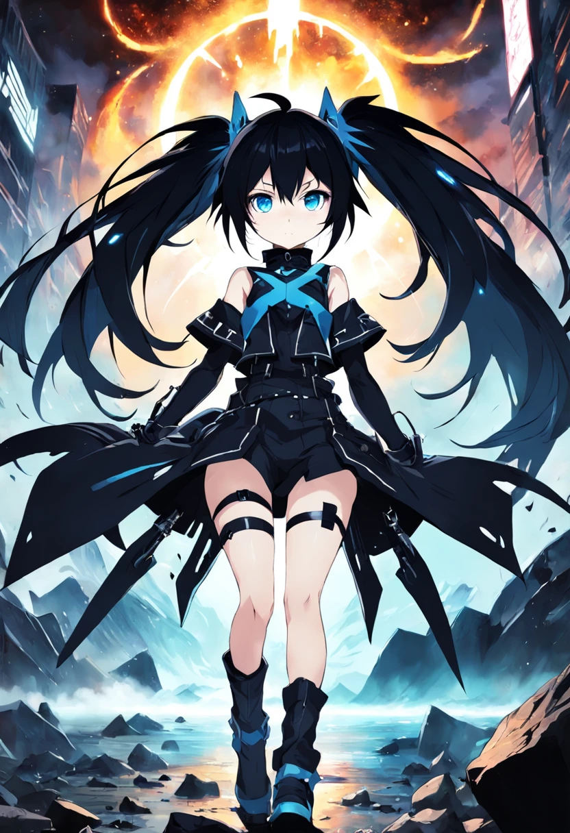 /imagine prompt: black rock shooter::80, ,dual horsetail::40, The hair between the eyes,, Black jacket::25, Small swimsuit::5, Black shorts::25, Blue eyes::60, delicate::40, Plump thighs::30, Corona Render::20, Black, Apocalypse Ruins::10, manga::5, Portrait Photograp