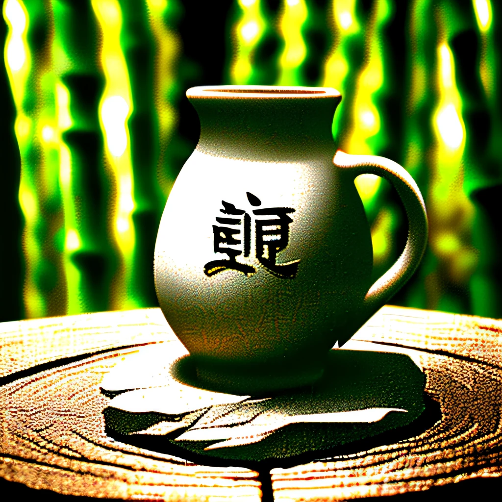 A jug of wine,The background is a bamboo forest,The wine jug is placed on a black stone,The bottle is engraved with lettering "bacchus",The stone is full of traces of history,This jug of wine is an ancient Chinese jug,The overall image quality is 4D effect, Highly detailed, Ultra detailed, Best quality, intricate environment, hyper photorealism, Sharp, Digital illustration, Detailed, Realism, 8K