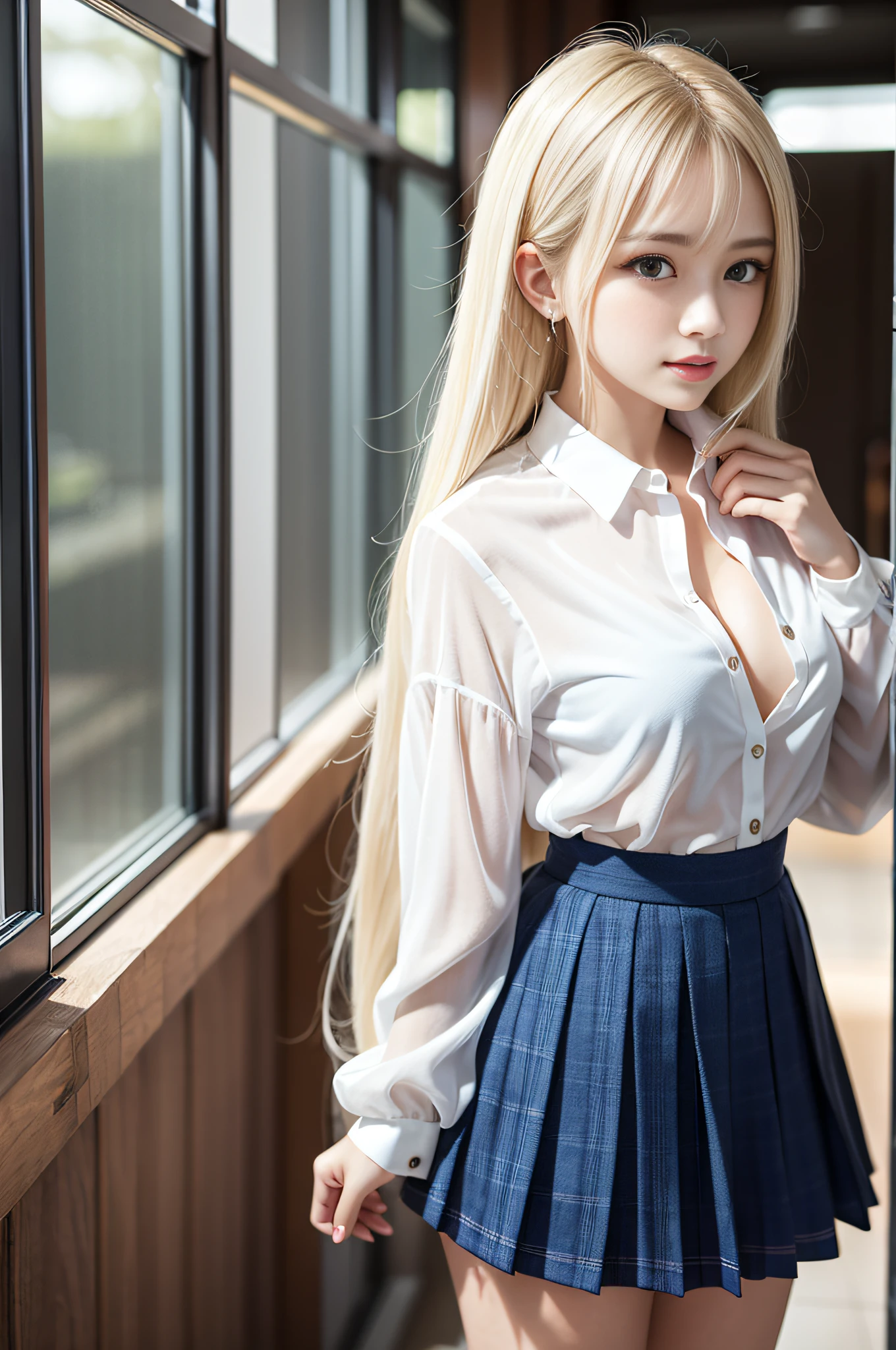 portlate、School Uniforms、bright expression、poneyTail、Young shiny shiny white shiny skin、Best Looks、Blonde reflected light、Platinum blonde hair with dazzling highlights、shiny light hair,、Super long silky straight hair、Beautiful bangs that shine、Glowing crystal clear attractive big blue eyes、Very beautiful nice cute 16 year old girl、Lush bust、White and beautiful blouse、with slit、((full body seen))、Beautiful face、Clothes look cramped in the chest、Loose and fluffy perm、Pleated skirt with many checked folds、no-bra、Well-formed face、