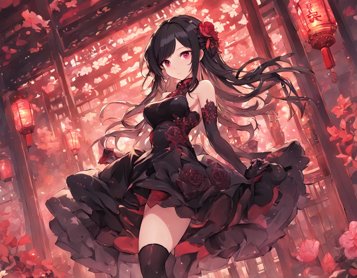 Wavy black hair、red eyes、Beautiful girl alone、qipao dress、a miniskirt、Bright red rose garden、Black tights、sitting on