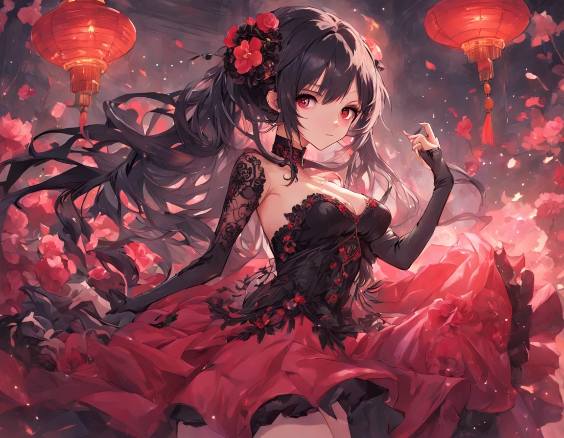 1girll, Breasts, Black hair, mitts, bodystocking, Large breasts, 独奏, Long hair, cropped shoulders, flower,dress, Chinese clothes, Lace-trimmed gloves, hair adornments, full bodyesbian, Black gloves, onbed, blackfootwear, black flower, Red eyes, covered navel, china dress, High heels, Black dress, hair flower, black roses, tightly dress, Purple eyes, plant, tight fit clothes, Indoors, clothing cutout, lamp lights